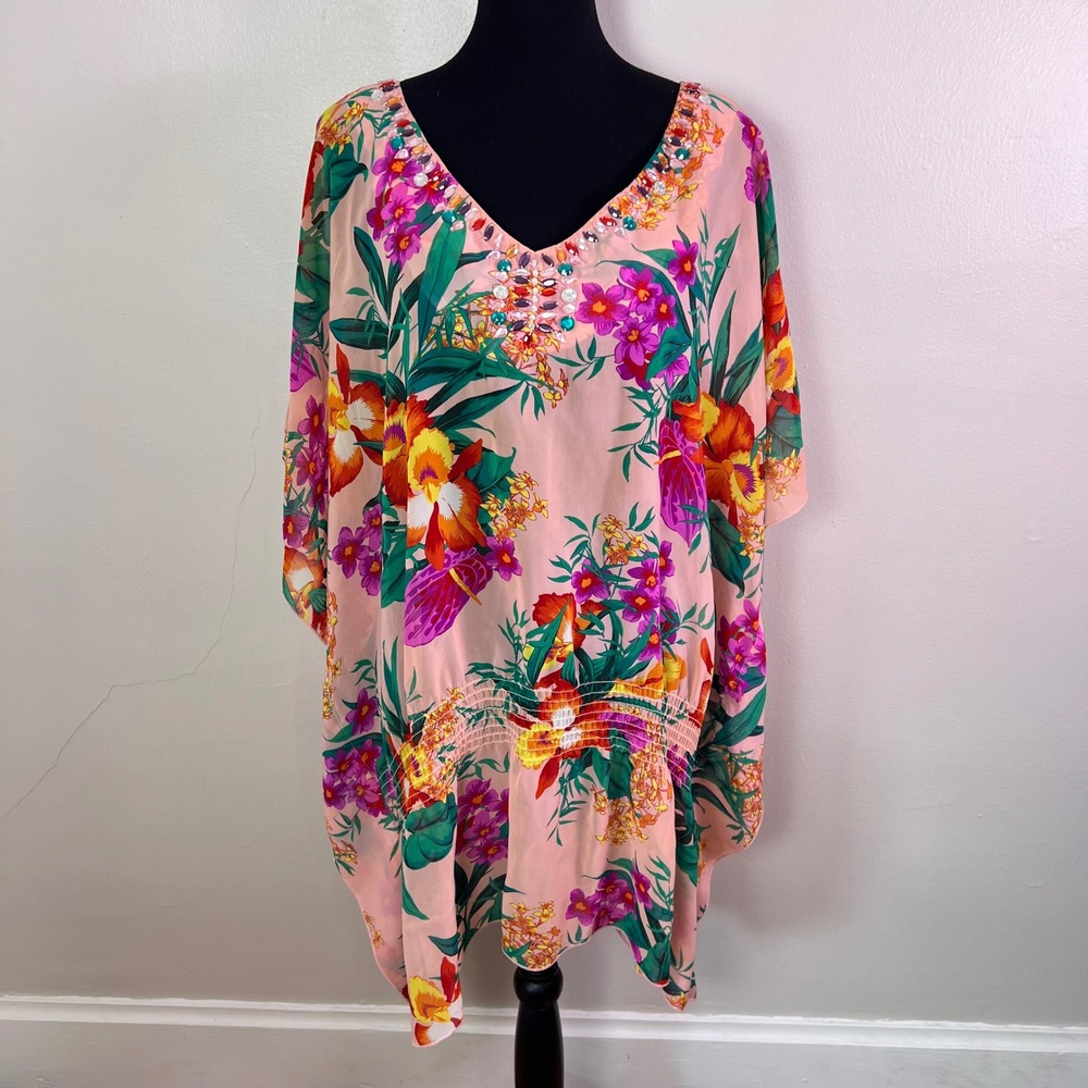Victoria's Secret Floral Kaftan Cover Up OS Pink Tropical Beaded Rhinestone Glam